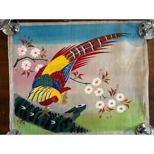 Vintage Silk Painting of Colorful Pheasant With Blossoms – Signed & Stamped